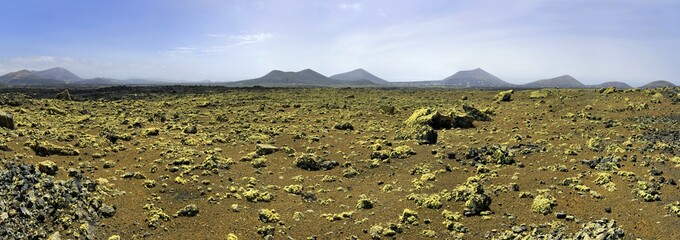 Caldera Colorada, moss covered lava rock, volcanic mountains, Mancha Blanca, Lanzarote, Canary...