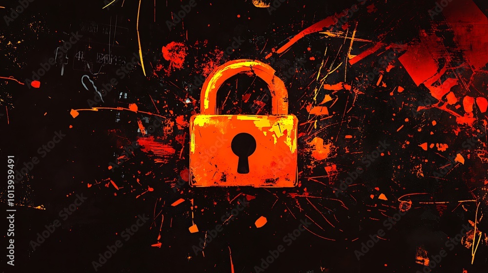 Poster a glowing orange padlock with a keyhole against a black background with splattered orange and red pa