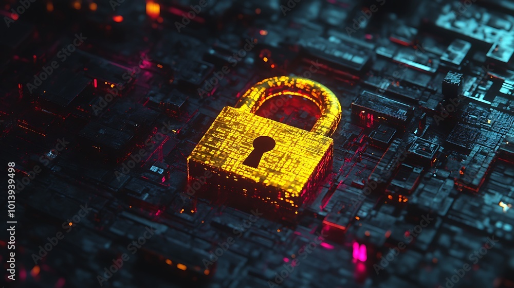 Poster a gold padlock sits on a circuit board, representing digital security and data protection.