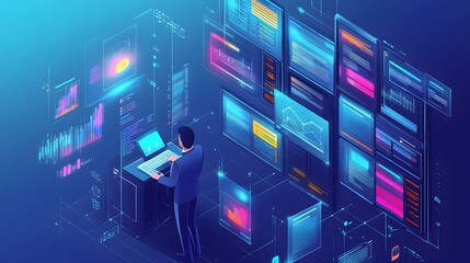 Isometric digital database concept featuring a businessman organizing documents, surrounded by data streams and digital icons, symbolizing modern knowledge management in the digital era