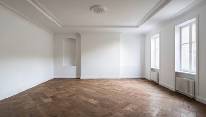 spacious empty room with a modern aesthetic, highlighted by wooden floors and ample lighting