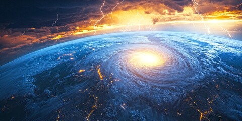 A stunning view of Earth featuring a swirling hurricane surrounded by dramatic clouds and lightning. This high-quality image captures the raw beauty of nature. Perfect for weather-related themes. AI