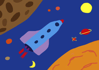 Naive illustration, children drawing, rocket with planets in space, Austria, Europe