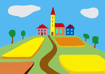 Fototapeta premium Naive illustration, children's drawing, grain fields in front of a small village with church, Austria, Europe