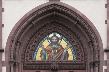 Obraz premium Detail view of the entrance portal, Herz Jesu Kirche church, historism, consecrated in 1887, Freiburg, Baden-Württemberg, Germany, Europe
