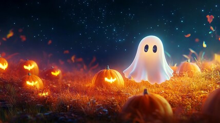 A friendly ghost in a field of glowing pumpkins.