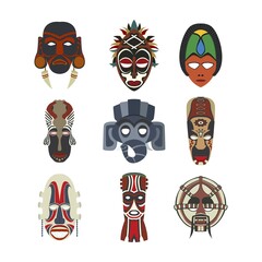 Vector tribal masks set, isolated objects over white background