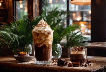 visually stunning arrangement delicious iced coffee elegant presentation attractive garnishes, cold, beverage, latte, milkshake, brew, syrup, cream, straw