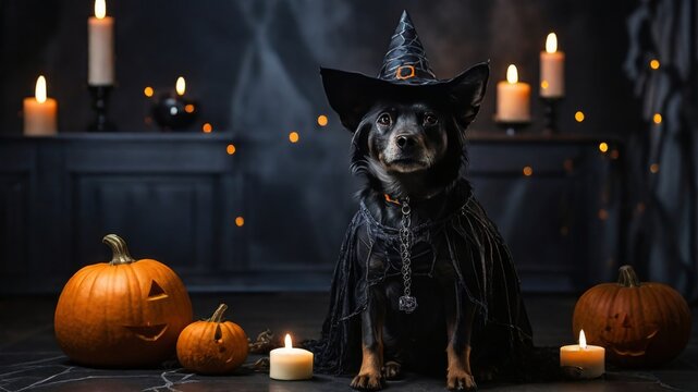 A black dog dressed in a witch costume for Halloween in a dark gloomy room 