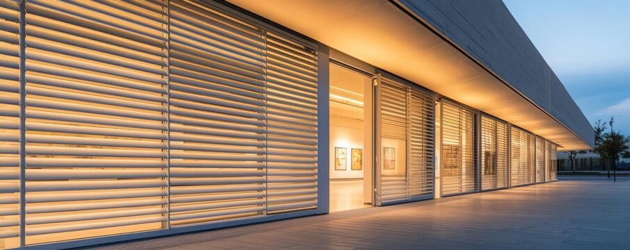 An architectural shot of a modern art gallery with exterior walls that feature adjustable louvers for controlling indoor lighting and temperature