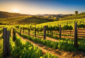 Fototapeta premium breathtaking vineyard landscape showcasing lush green vines interspersed rustic wine barrels set clear blue sky, beauty, country, cultivation, color, contrast