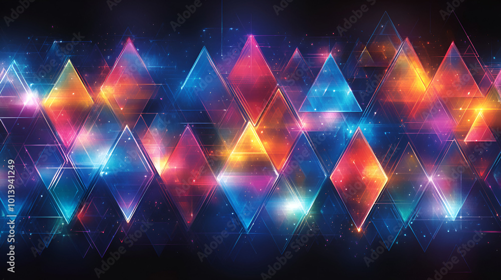 Poster vivid abstract geometric pattern featuring colorful diamonds and triangles against a dark background