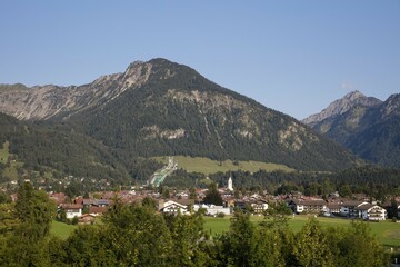Fototapeta premium Town view, behind ski jump, Oberstdorf, Allgäuer Alps, Allgäu, Bavaria, Germany, Europe