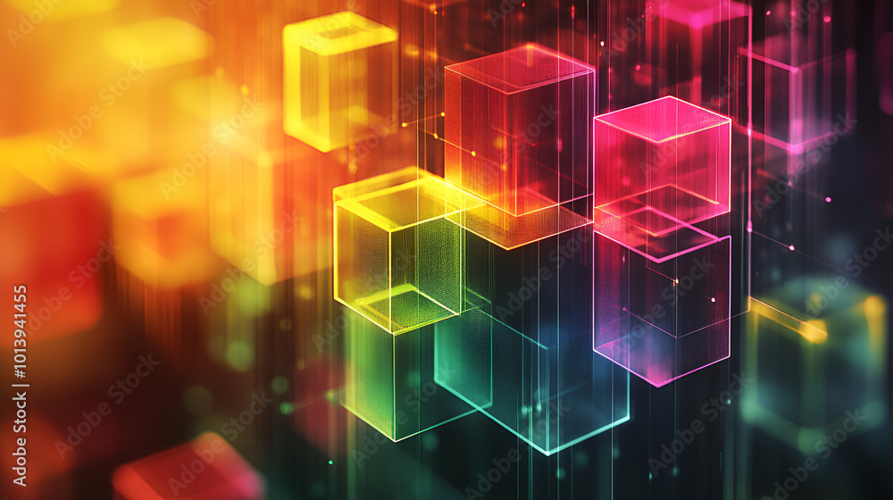 Poster vibrant abstract design featuring colorful translucent cubes against a dark background illuminated b