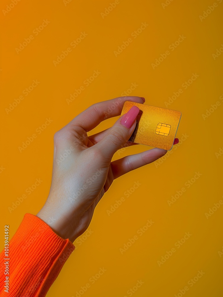 Poster A hand with bright nails grips a small yellow rectangle, contrasting sharply with a vivid orange backdrop for an artistic effect. Generative AI