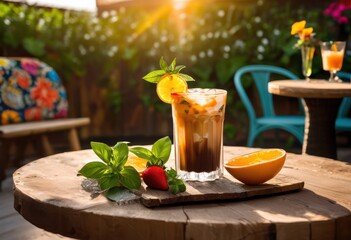 Fototapeta premium refreshing iced coffee blended colorful seasonal ingredients like fruity syrups fresh herbs tasty summer beverage, drink, cold, brew, latte, organic, flavor