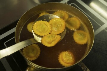 Ravioli in a pot with hot broth, Baden-Württemberg, Germany, Europe