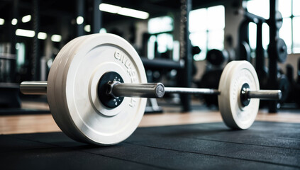 Naklejka premium Close-up of a loaded white barbell in a fitness center