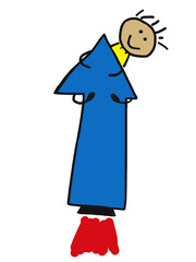 Naive illustration, children drawing, boy sitting on a rocket in space, Austria, Europe