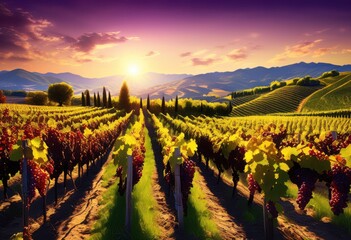 lush vineyard landscape featuring colorful rows ripening grapes under bright sunshine creating tranquil nature scene, abundance, agriculture, areas