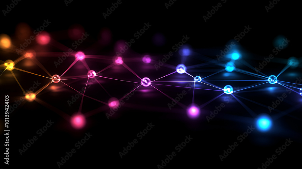 Poster colorful abstract representation of interconnected data points in a network on a dark background