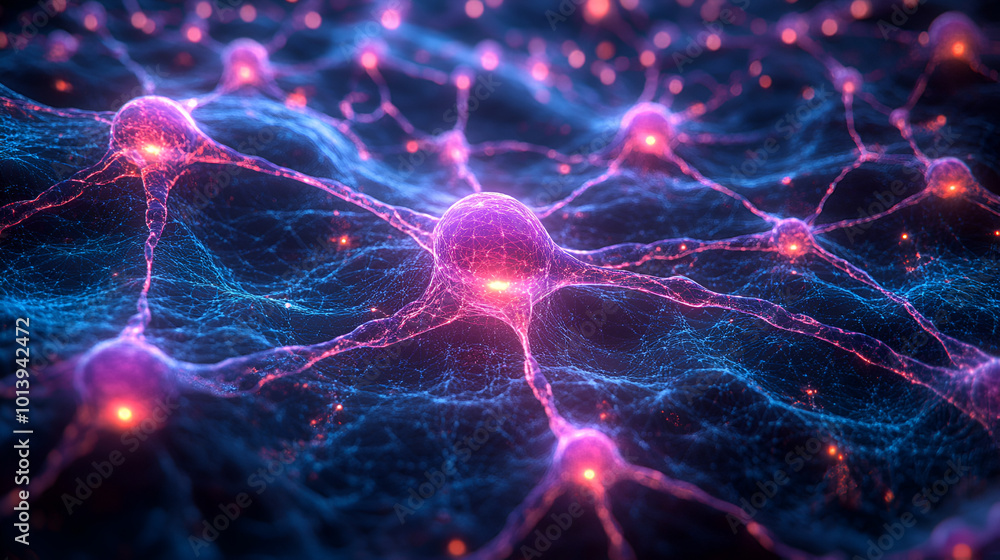 Poster exquisite visualization of neural connections highlighting synaptic activity in a vibrant digital re