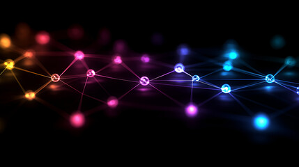 Obraz premium Colorful abstract representation of interconnected data points in a network on a dark background