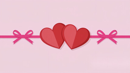 Romantic red hearts with pink ribbon on light pink background for Valentine's Day