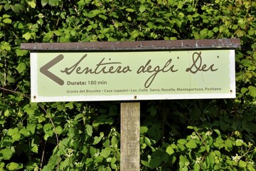 Sign for Sentiero degli dei, Path of the Gods, trail in Agerola, Amalfi Coast, Campania, Italy, Europe