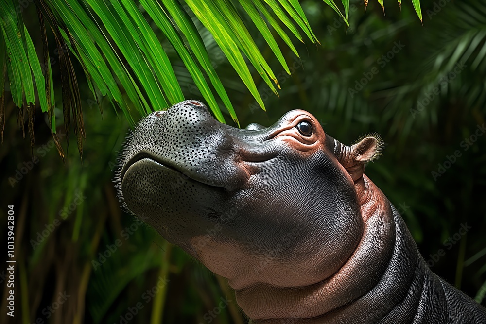 Poster Pygmy Hippopotamus looking up at the dense jungle canopy, light filtering through the leaves and casting dappled shadows on its back