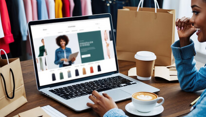African American black woman is engaged in online shopping on their laptop amidst several shopping bags and a cup of coffee