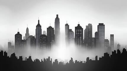 Naklejka premium Silhouette of a city skyline basking in morning fog with towering buildings and distinct architectural features