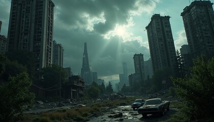 Futuristic dystopian city with ruined skyscrapers and abandoned cars under dramatic sky