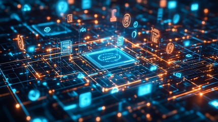 Obraz premium A glowing blue circuit board with a processor chip in the center and digital icons hovering above, representing a data network.