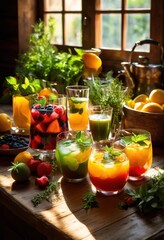 colorful vibrant drinks displayed kitchen counter amidst lively home environment captured high detail, beverages, cocktails, smoothies, juices, fruit
