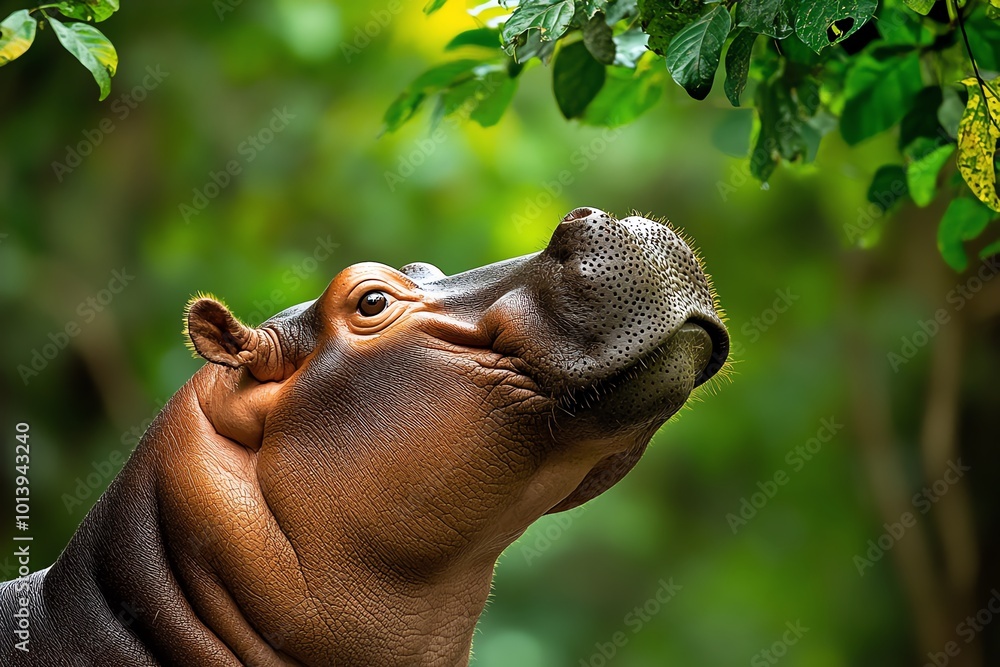Poster pygmy hippopotamus looking up at the dense jungle canopy, light filtering through the leaves and cas