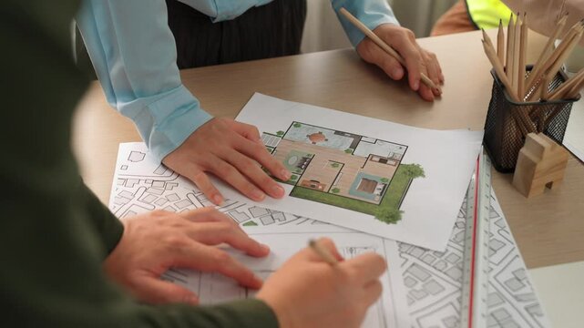 Professional engineer team discussion about house design on meeting table with architectural equipment and building blueprint scatter around at modern office. Focus on hand. Closeup. Delineation.