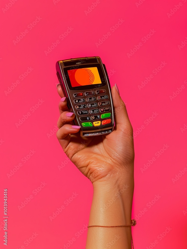 Poster a person demonstrates the use of a contactless payment terminal with a bright pink backdrop, highlig