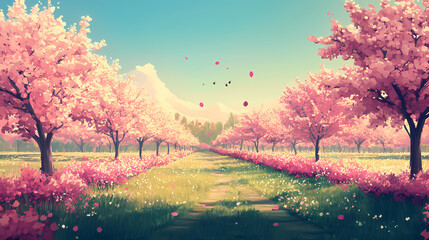 Picturesque apple orchard in full bloom during the vibrant colors of spring, with rows of blossoming trees stretching into the distance, bees buzzing among the flowers. Blooming Orchard. Illustration
