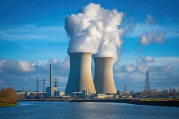 Two large power plants are in a field with a clear blue sky, generative ai image