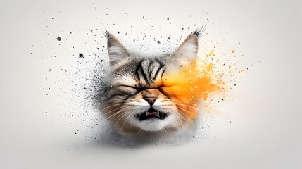 Displeased and cantankerous Scottish fold feline with an exaggerated droll facial expression tousled fur and a grumpy disposition