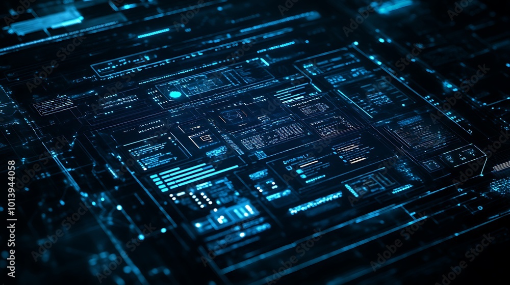 Poster abstract digital technology background with glowing blue lines and data.