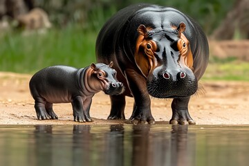Pygmy Hippopotamus mother and calf standing side by side at the waterâ€™s edge, the calf curiously looking around while the mother stays vigilant