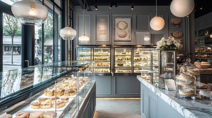 A chic patisserie with glass display cases filled with exquisite pastries, marble countertops, and soft pendant lighting