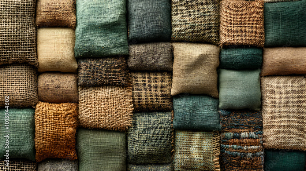 Poster textured fabric swatches arranged in an intricate pattern showcasing various colors and materials