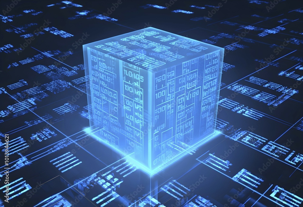 Poster three dimensional render of a blue glowing blockchain cube, ai generated