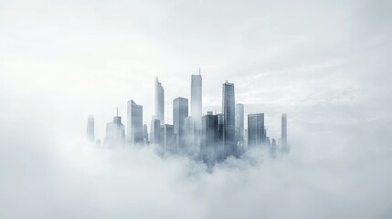 Fototapeta premium A Dreamy Urban Landscape Surrounded by Ethereal Mist Captures the Essence of Modernity and Nature Coexisting Harmoniously and Serene.