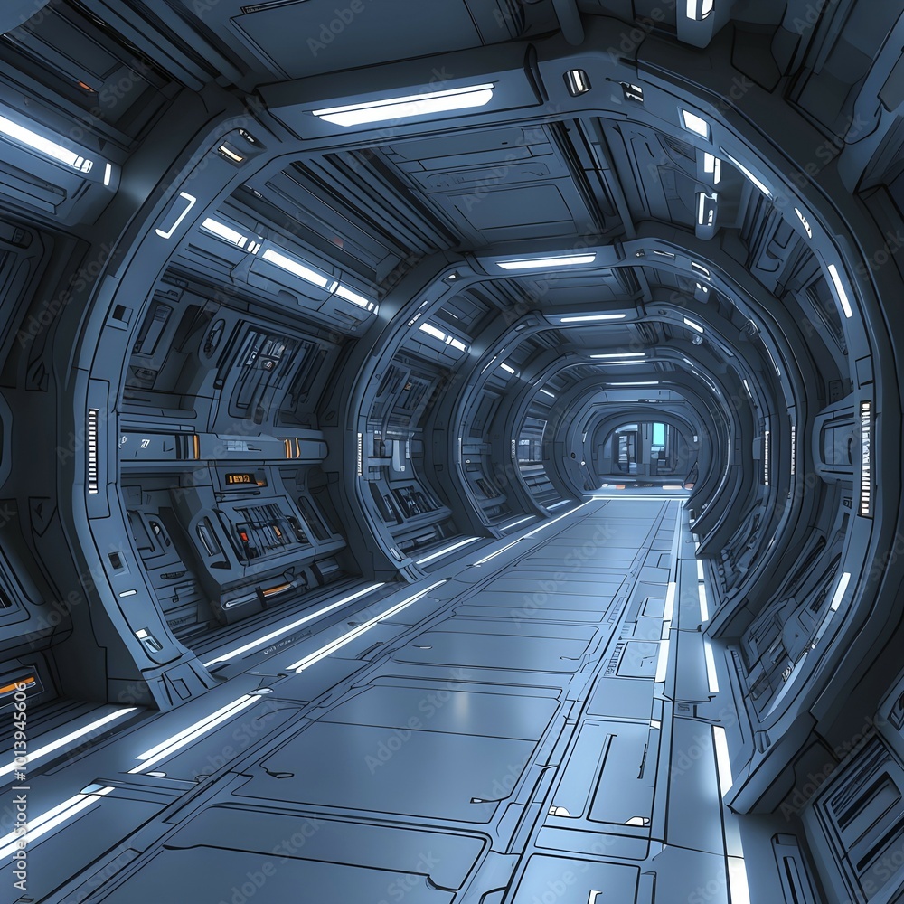 Poster three dimensional render of futuristic corridor inside a spaceship or space station, ai generated