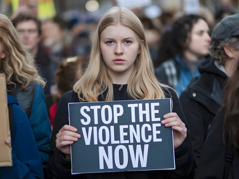 Una hermosa estudiante rubia en una protesta contra la violencia
