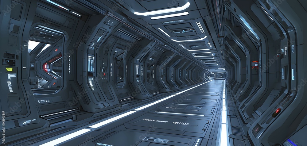Poster three dimensional render of futuristic corridor inside a spaceship or space station, ai generated